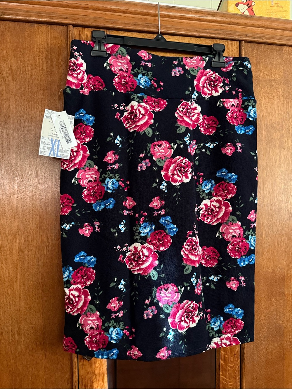 LuLaRoe Cassie size XL, Floral Pencil Skirt - Black with Pink & Blue Roses